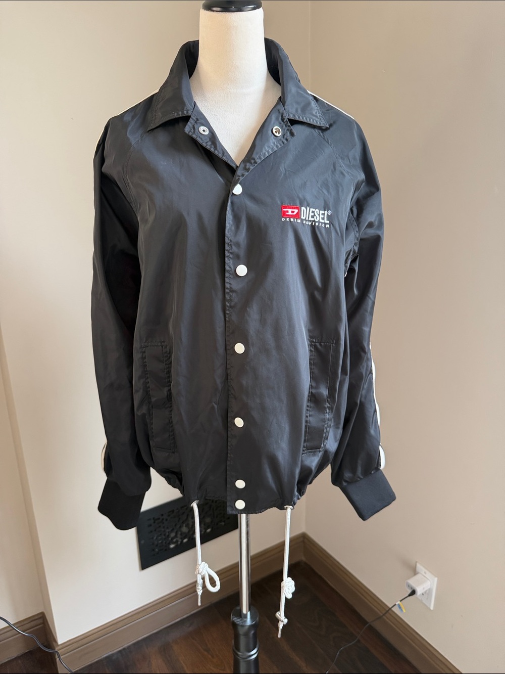 Diesel Black Windbreaker with White Snaps and Red Logo Medium Like New